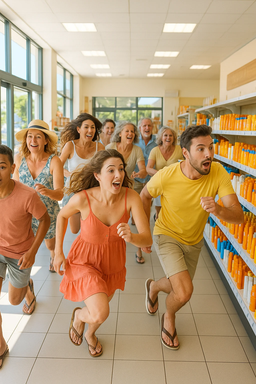 tante persone che corrono a comprare le creme solari in italiano realistiche emoji