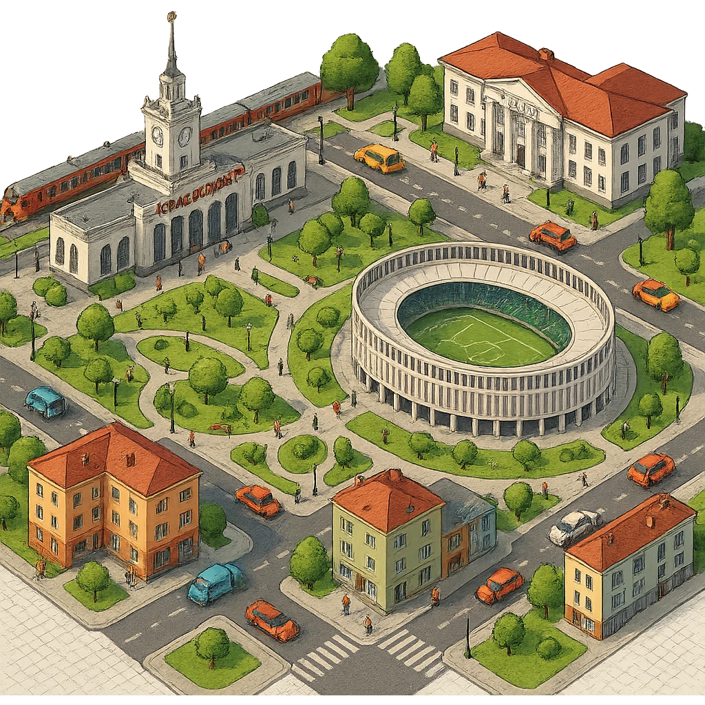 Изометричная миниатюрная фотореалистичная 3D модель панорамы Краснодара - вокзал Краснодар, КубГМУ, парк Краснодар со стадионом, краснодарские дома, автотранспорт четкие линии, яркие цвета, мультяшный реализм, люди, автотранспорт, компактная композиция, вид сверху в изометрии, прозрачный фон emoji
