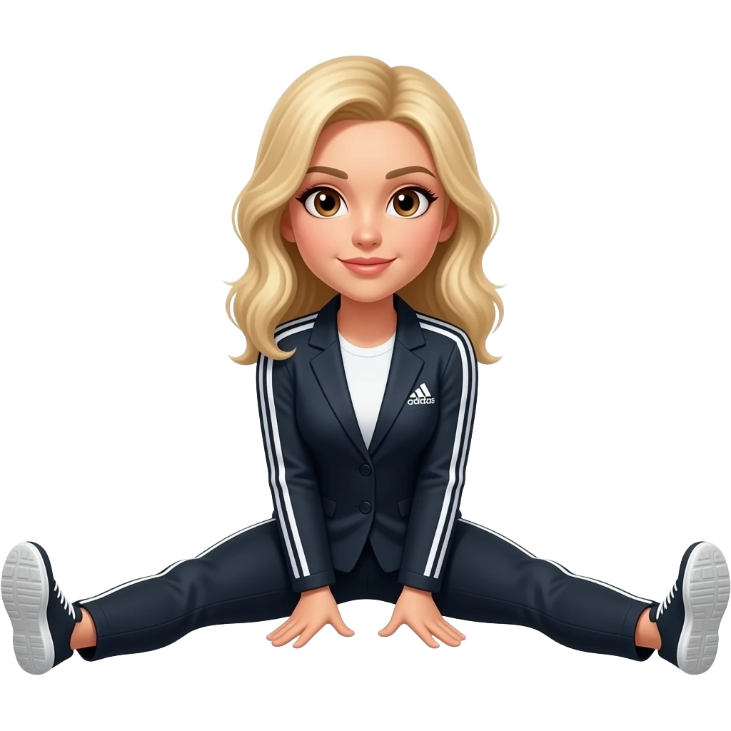 Light blonde hair lady, brown eyes, adidas suit doing splits, up and down movement gif emoji