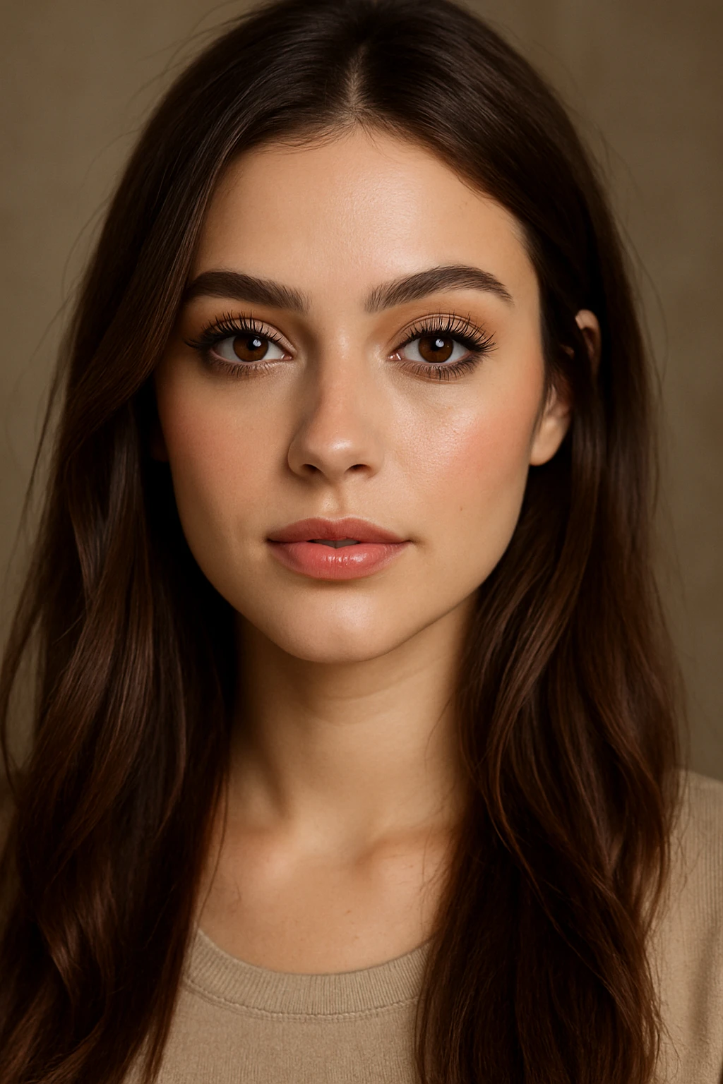 portrait of a pretty girl with long brown hair, brown eyes, full lashes, nude lip liner, highlighter, blush, lip gloss, natural makeup look emoji