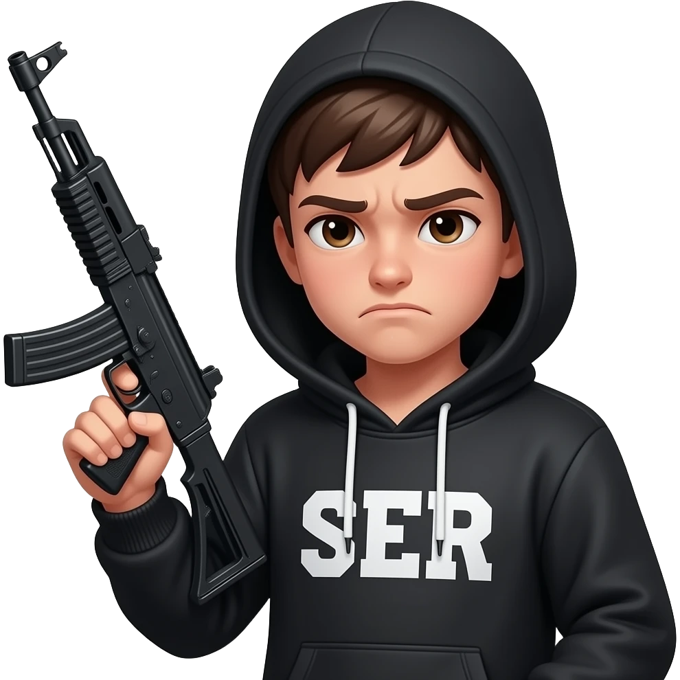 17 year old frowning teenager with black hoodie and hood over head and uzi in hand, and school in the distance emoji