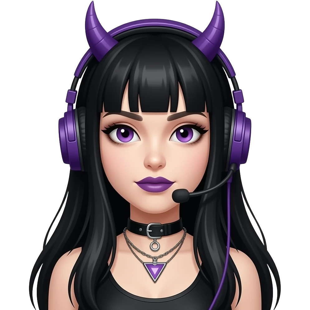 goth women duck, with long black hair, headset without a mic and horns , make it purple and remove the microphone, remove the mic on the headset and make her a DJ emoji