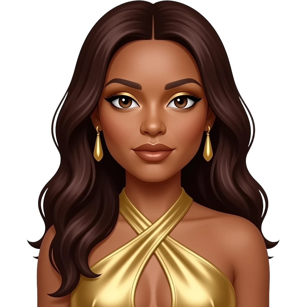 Tenitra Michelle Williams from Destiny's Child with dark brown eyes, long dark auburn hair, gold eyeshadow, bronze lipstick, gold metallic halter dress, gold earrings emoji