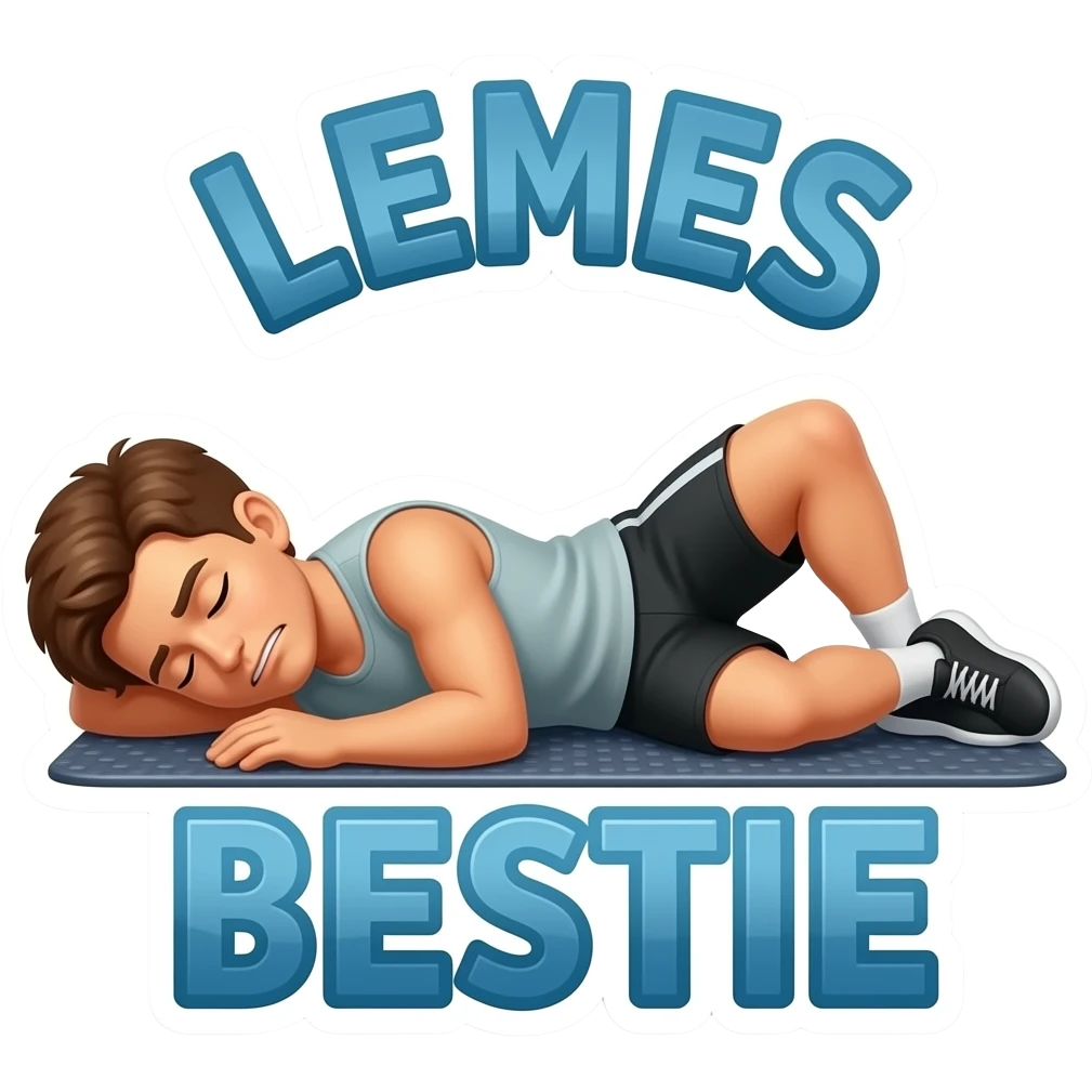 : "A funny sticker of a person lying exhausted on a gym floor after leg day, 'LEMES BESTIE' text, cartoon style, bold lines, white border." emoji