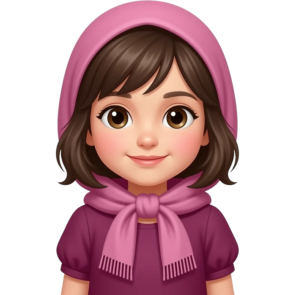 Small cute girl In dark pink dress with same scarf on her head covering her hair emoji