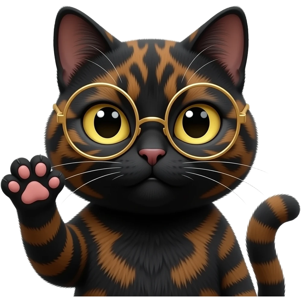 A mostly black Tortoiseshell cat face and paw, no body. Cat has a devious expression. Cat has round gold glassed and on paw up. Only face and cat paw. emoji