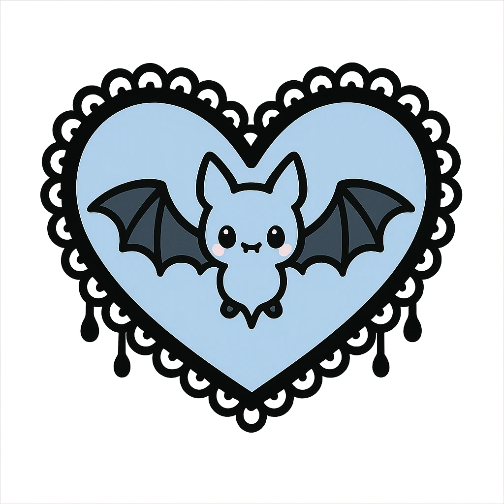 pastel goth heart with a pastel bat and lace, baby blue and black, kawaii gothic style emoji