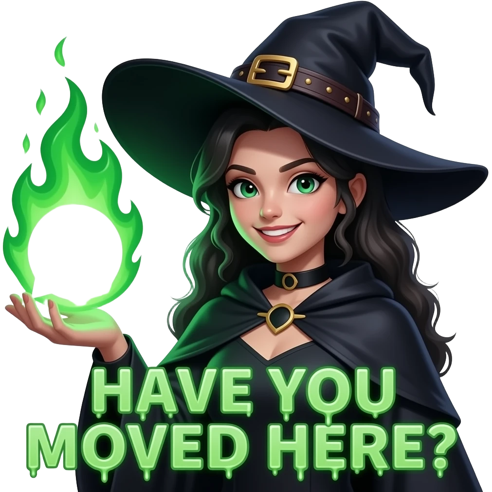 A dark sorcerer’s evil smile girl, expression, she is hand holding a WhatsApp logo burning with green magical flames. A liquid creams text below: 'HAVE YOU MOVED HERE?'. Cinematic lighting, high-contrast emoji emoji