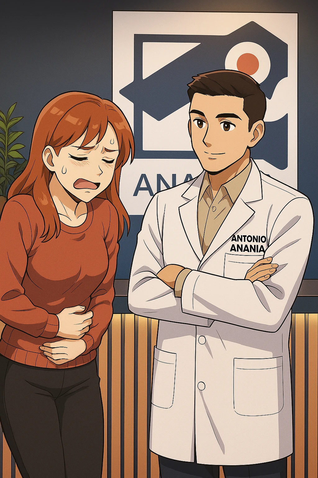 su questo stile fai un manga/webtoon a colori in cui una donna che parla esasperata dal suo problema, l'uomo della foto in stile manga gli risponde, mantieni un ambiente simile alla foto che ho allegato con il suo logo (sarebbe il suo studio, lui è un kinesiologo), scrivigli "ANTONIO ANANIA" sul camice bianco, non mettere fumetti, ma fai in modo che sembri che la donna chiede una cosa e l'uomo risponde alla sua domanda emoji