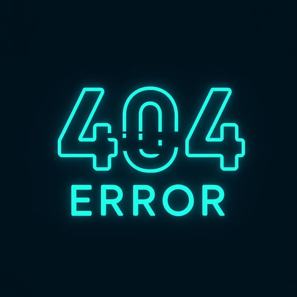 minimal animated emoji of '404 error' with numbers glitching and briefly disappearing then reappearing with neon glow, modern style with bold lines and dark palette, smooth looping animation for Telegram use emoji
