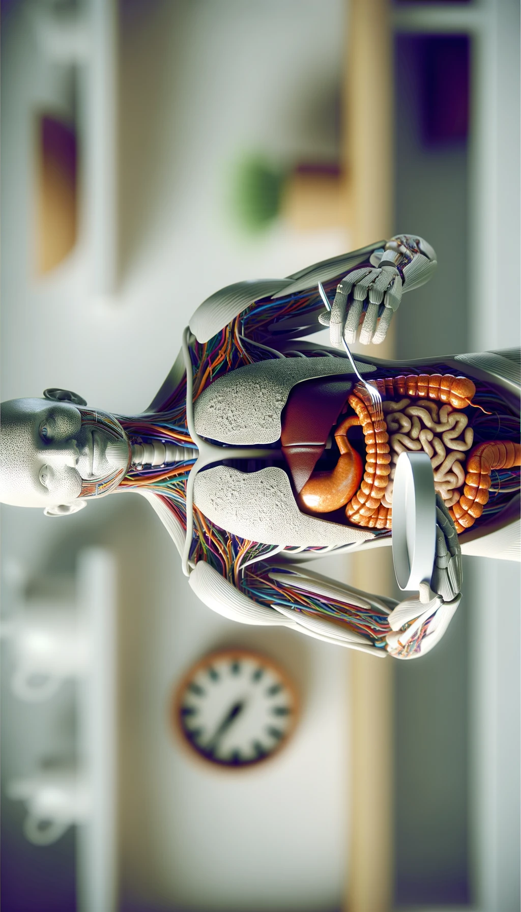 corpo umano anatomico con colori realistici e intestino in evidenza, che tiene in mano un piatto bianco con la lancette di un orologio sopra, figura visibile fino ai fianchi, espressione del volto soddisfatta, sullo sfondo la sua cucina sfocata con toni chiari neutri, iperrealistico 4k emoji