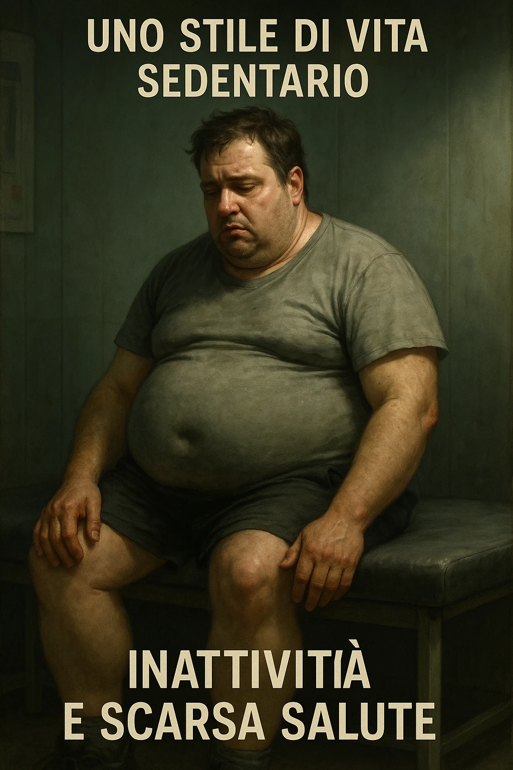 vertical realistic cinematic illustration of a sedentary man who stopped doing sports, with evident poor physical shape, relaxed posture, and signs of inactivity, clinical atmosphere, dramatic lighting, Italian captions, aspect ratio 2:3 emoji