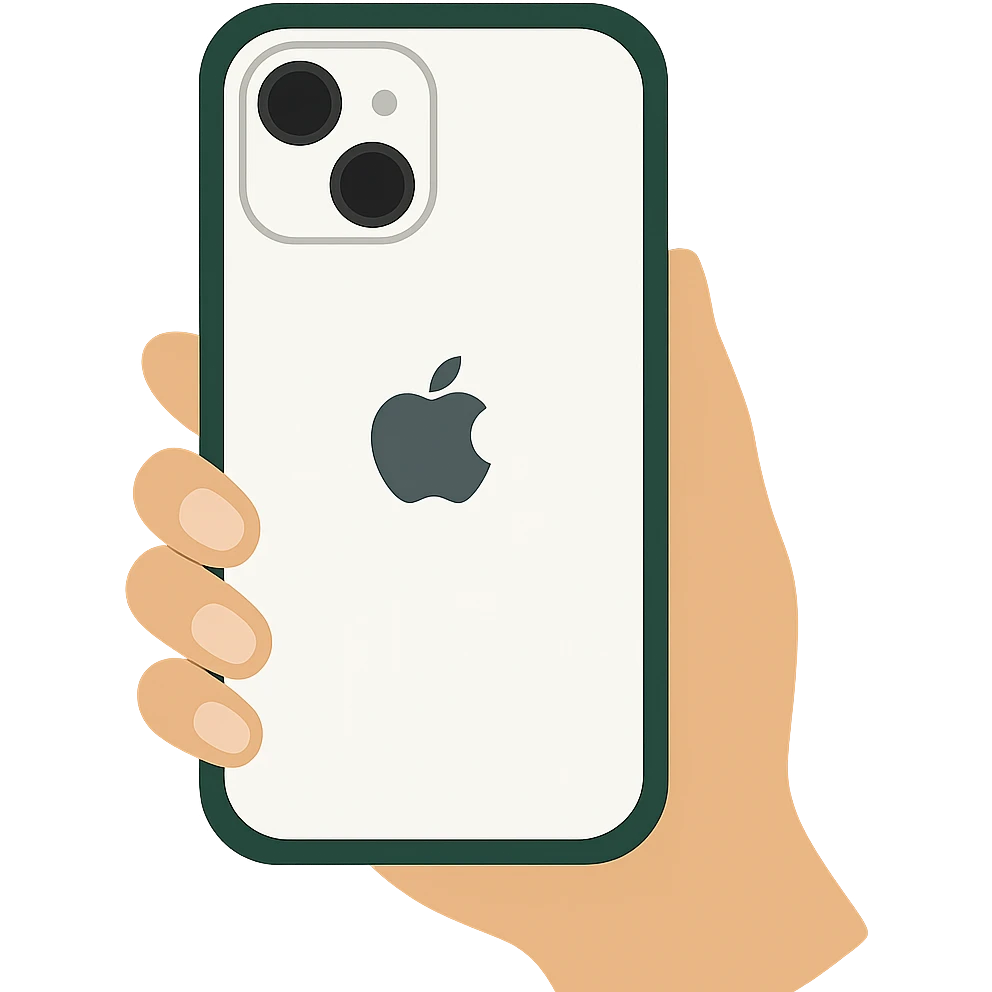Image of a white iPhone with a dark green case, viewed from the back, held by a female hand with nude manicure, minimalist design, no emojis included, emoji style. emoji