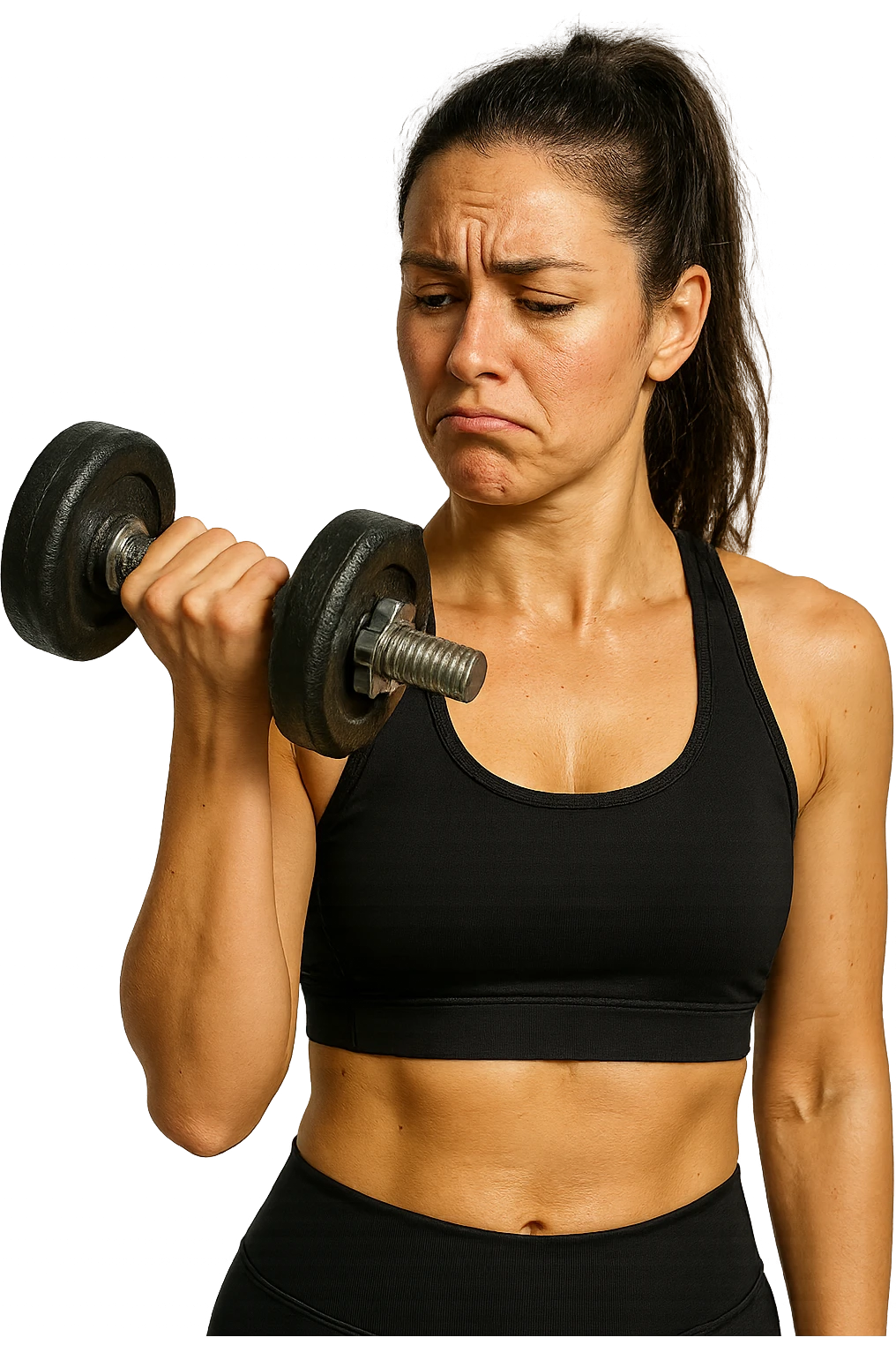 DONNA FITNESS CHE GUARDA DUBBIOSA UN MANUBRIO DA PALESTRA CHE HA IN MANO, iperrealistico 4k emoji
