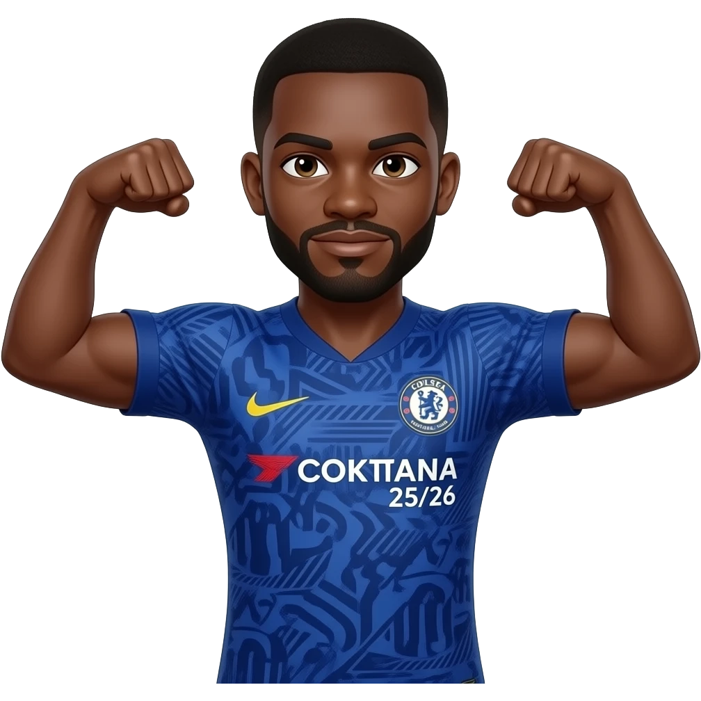 Black man with goatee double arm flex wearing Chelsea fc 25/26 third jersey emoji
