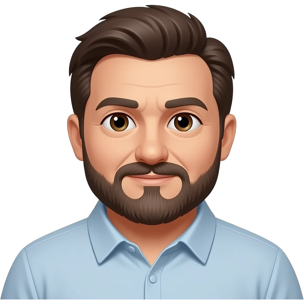 55 year old man, dark brown hair, mustache & beard, slightly overweight, brown eyes emoji