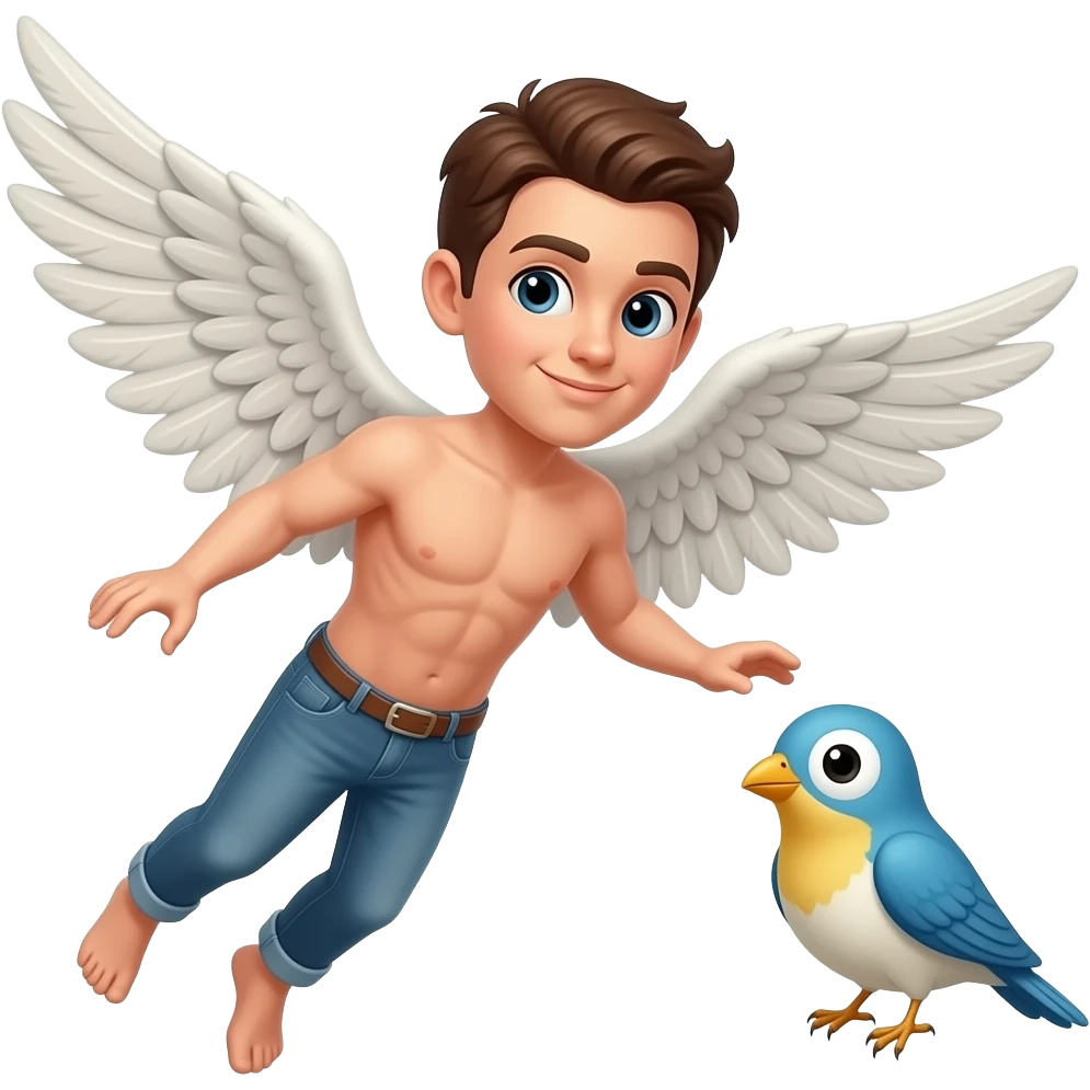 Humano que tem asas e voa junto com passarinho com quatro olhos e d emoji