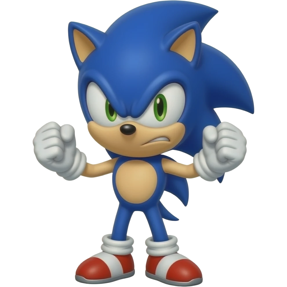 Angry blue cartoon hedgehog with sharp green eyes, clenched fists, cinematic glossy emoji render sonic emoji