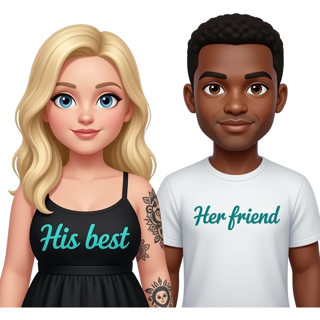 Plus size Blonde girl with blue eyes with black tattoos on right lower arm wearing a black summer dress with saying “ His best” written in teal writing and African American man with black hair with brown eyes NO facial hair with saying “Her friend“ on his shirt emoji