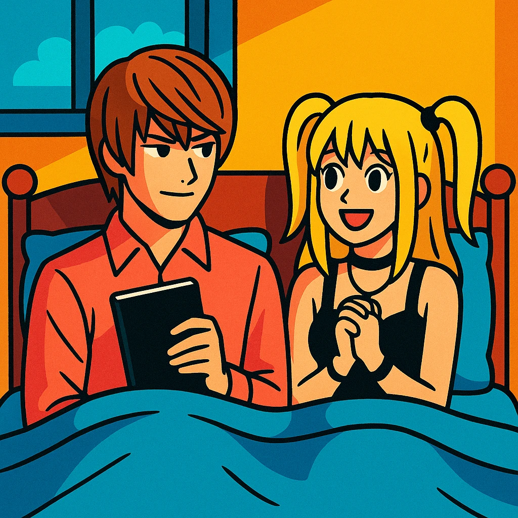 Light Yagami and Misa Amane in a bed, bright atmosphere, vibrant toon style emoji