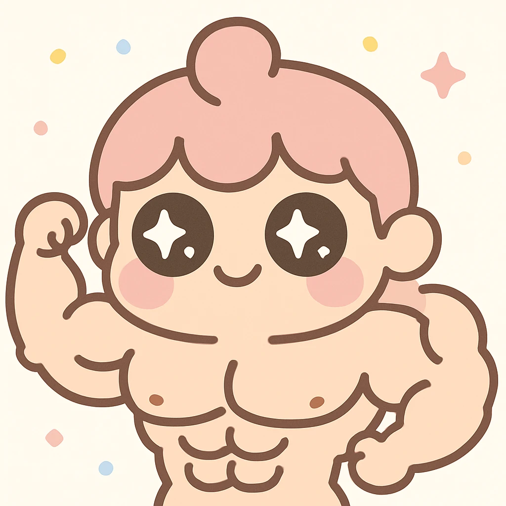Make the kawaii character look buff and muscular, keep the pretty pink style, big eyes, cute lips, playful expression. emoji