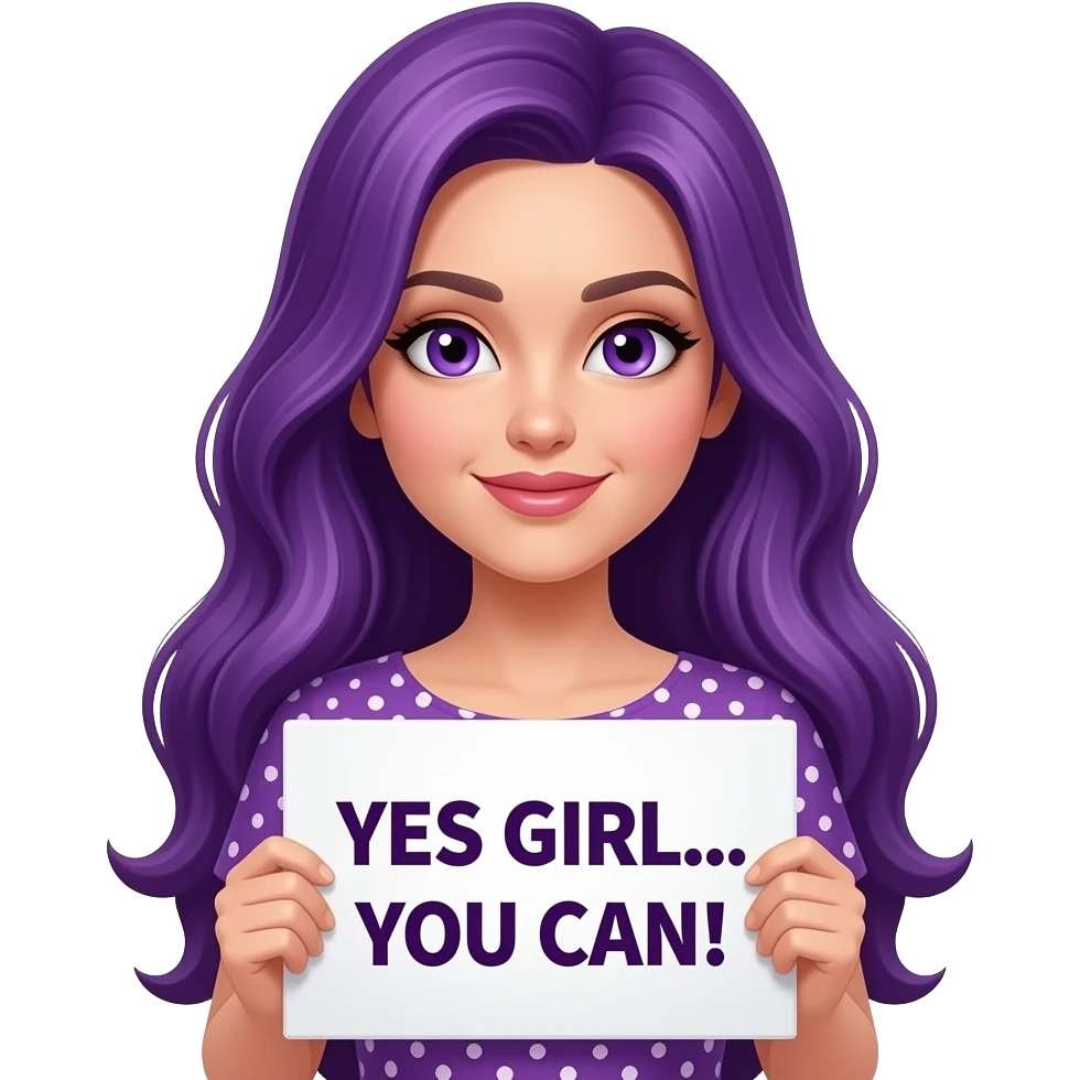 sexy girl with long purple hair and purple eyes wearing a dress holding a YES GIRL... YOU CAN! sign emoji