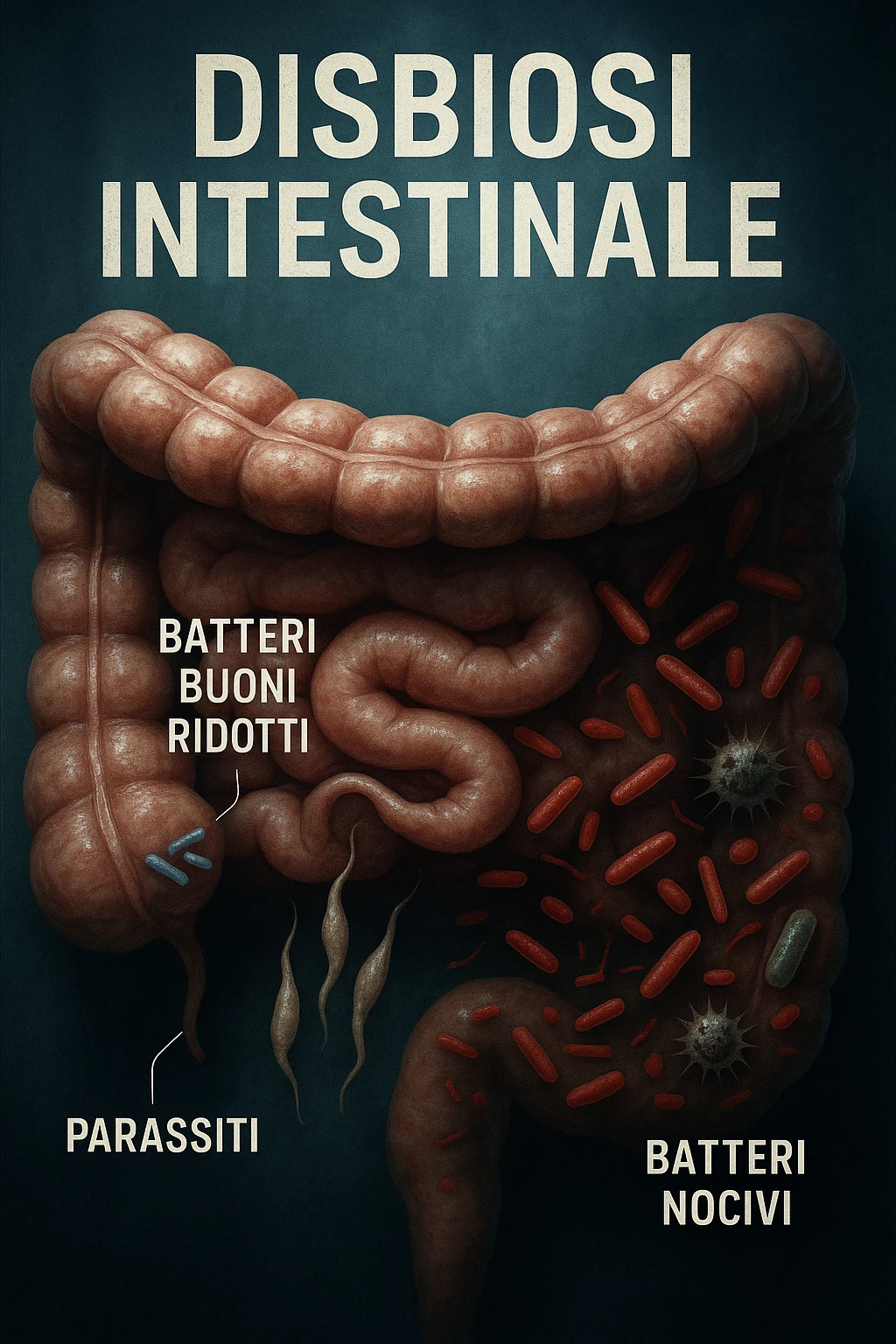 Immagine verticale, realistica e cinematografica in italiano: focus su un intestino umano con disbiosi, batteri buoni ridotti, parassiti e batteri nocivi in evidenza, atmosfera clinica e luci drammatiche, didascalie in italiano, 2:3. emoji