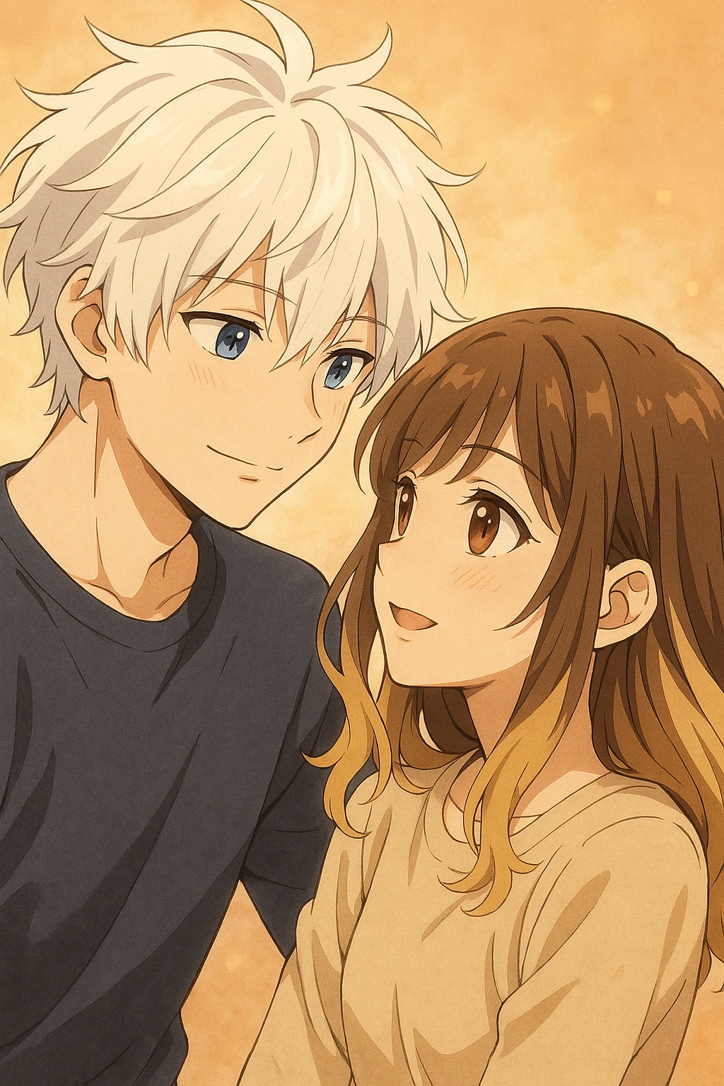 anime style, a boy with messy white hair and blue eyes looking at a girl with brunette and blonde hair and brown eyes, both showing affection emoji