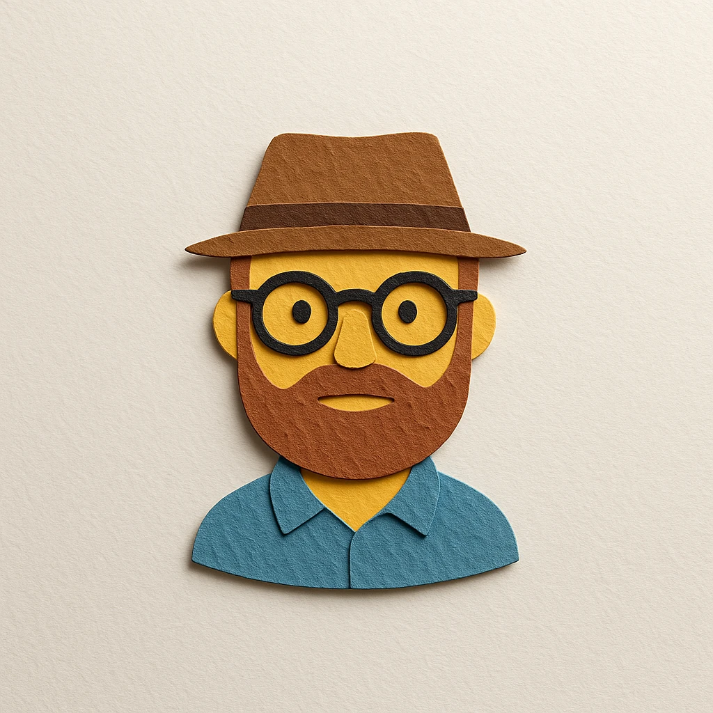 man with hat, beard, and glasses, paper craft style emoji