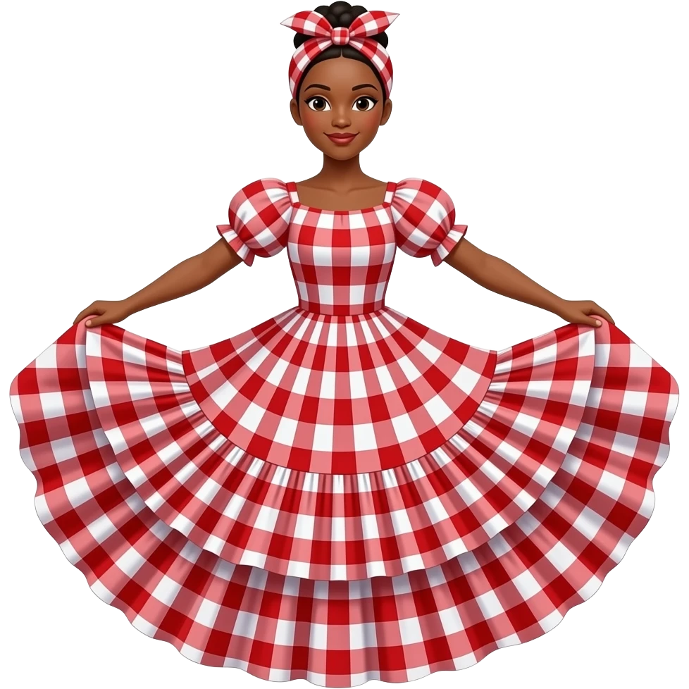 Traditional Jamaican Quadrille dance costume for women, red and white plaid bandana fabric, puffy short sleeves, long wide ruffled skirt, matching headwrap tied like a turban, no person, flat lay, white background, sticker style emoji