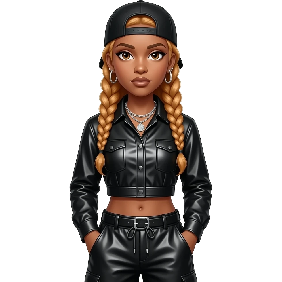 Da Brat, Female Rapper with long coppery blonde braided hair, black metallic shirt, black metallic baggy pants, silver necklace and earrings emoji