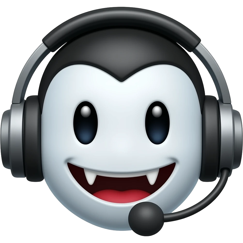 Vampire smiley face with headphones and a microphone emoji