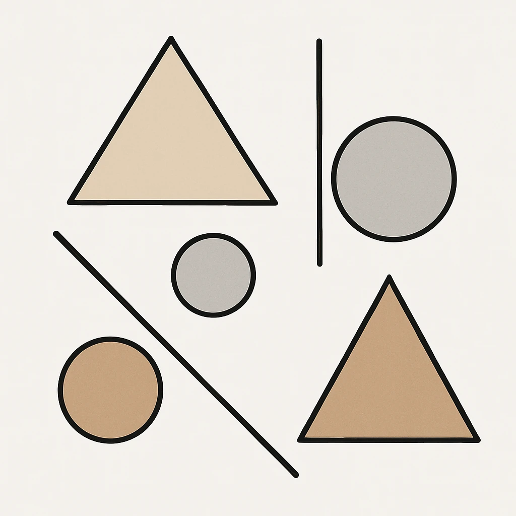 minimalist abstract composition with simple geometric forms including lines, triangles, and circles, neutral muted colors such as sand, light brown, soft gray, on a white background, no frame, no shadows, no decor, modern and elegant emoji