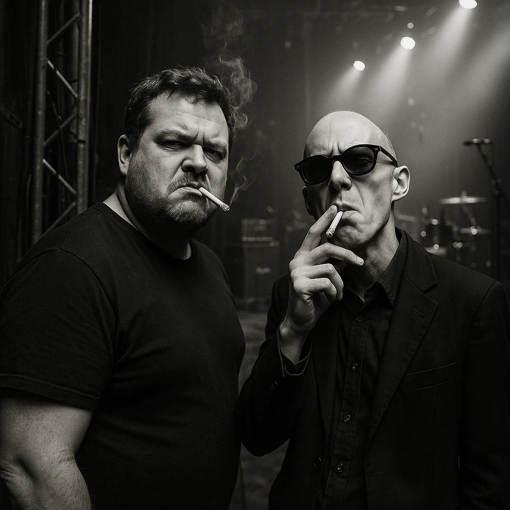 Par de personas que trabajan en la industria musical (hombre robusto de 40 años y otro hombre flaco calvo y con lentes de sol), parados conversando en el backstage de un concierto, con aires de superioridad, mientras se fuman un cigarro, mientras miran a la cámara (músico) de forma despectiva y burlona emoji