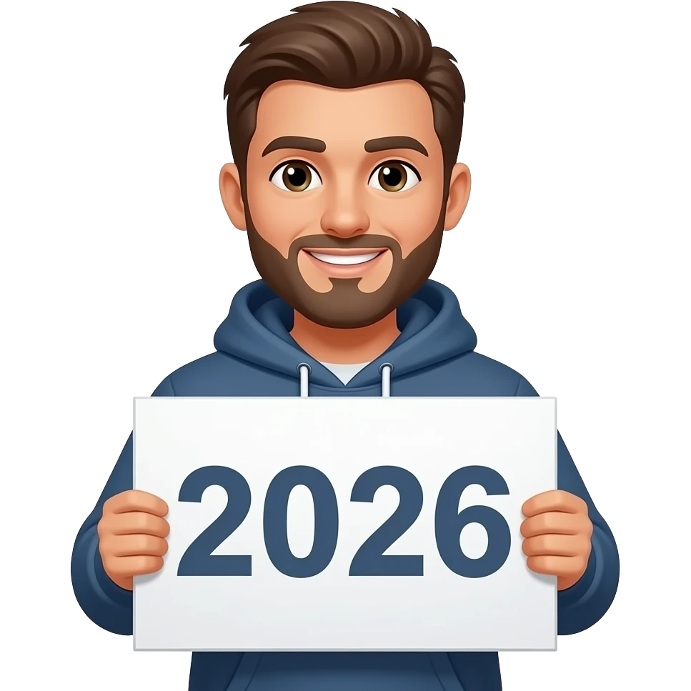 generate male in hoodie holding a 2026 sign emoji