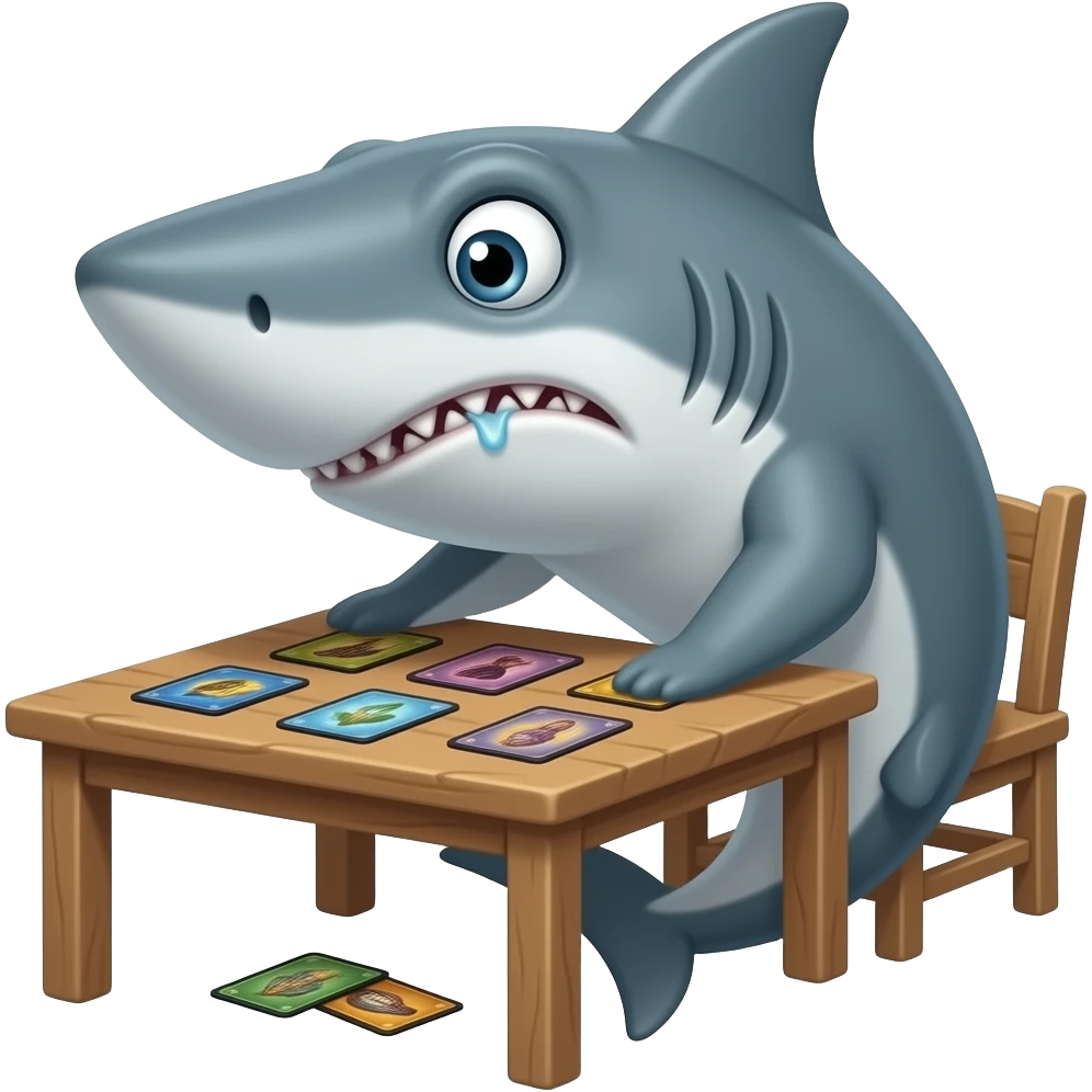 a disappointed shark flipping a table of Magic the Gathering cards emoji