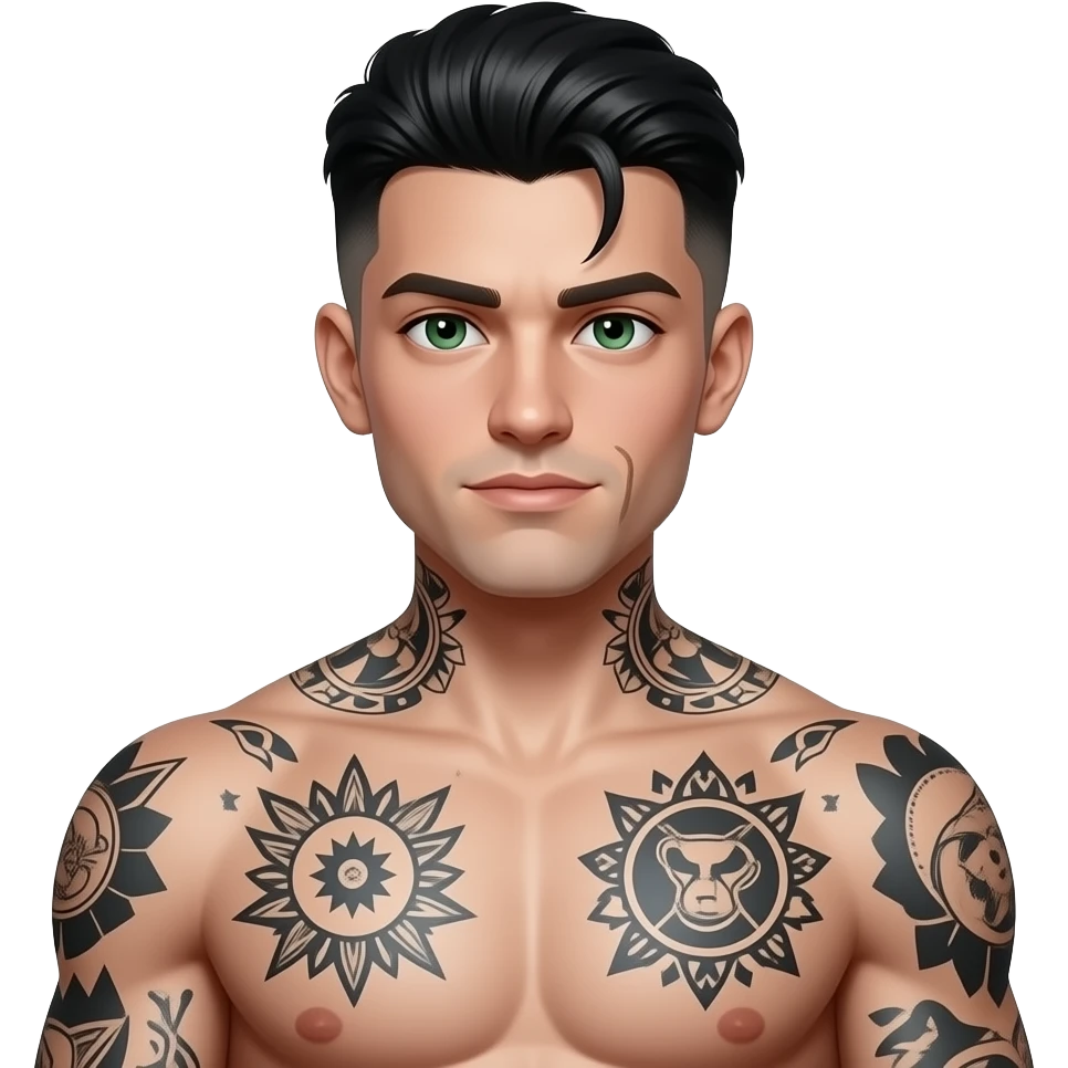 jeune gars mystérieux, cheveux noir de jais low taper fade, yeux verts, musclé, tatoué, fossette, peau très blanche blanche blanche très pâle emoji