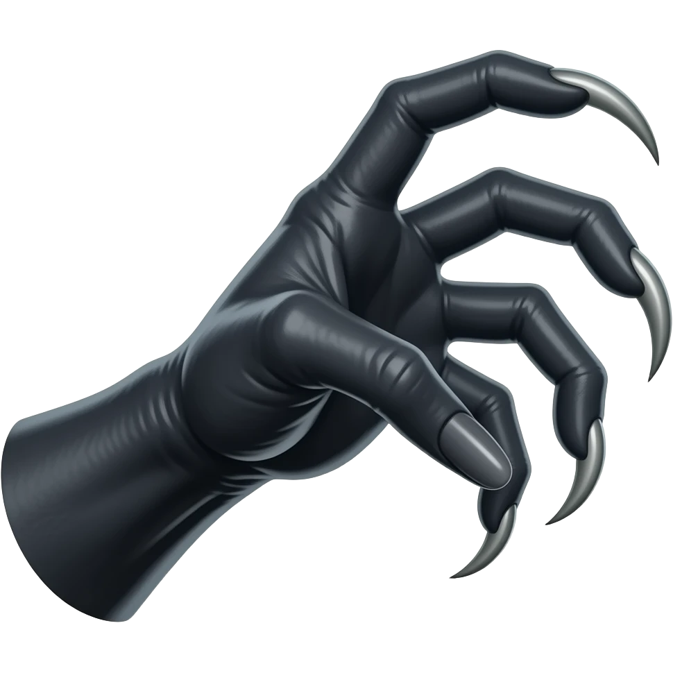 Long dark Demonic hand with sharp claws. Make the hand reach out to attack and slash towards the right of the image violently. Shift the perspective to a side profile to show the curvature and length of the claws more clearly. emoji