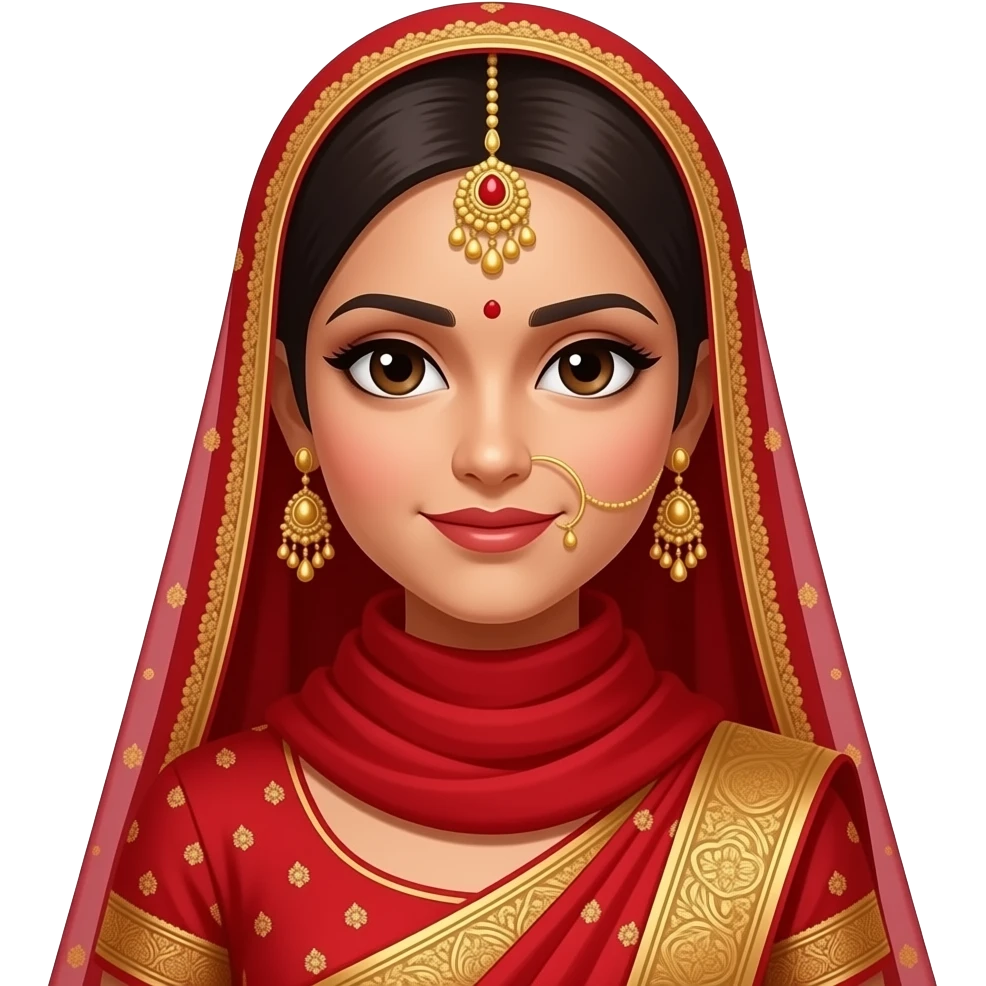 A hijabi south Asian bride in traditional red and gold attire with a red hijab and no skin showing on the neck and just a tikka at the top in terms of head jewellery with the earrings too. And red hijab emoji