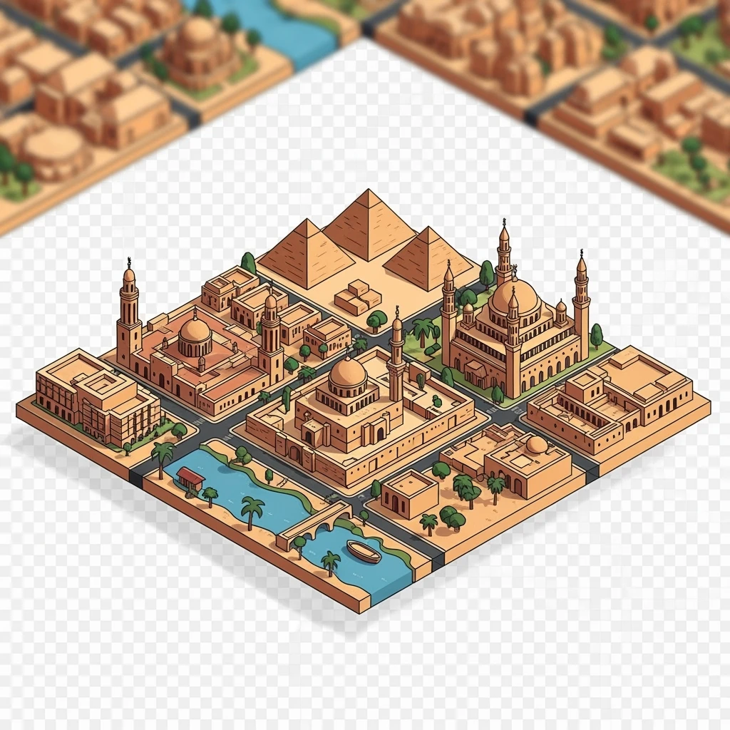 Isometric minimalistic illustration of Cairo, subtle 3D miniature effect and Tilt Shift effect, no cartoonish look, transparent background. emoji