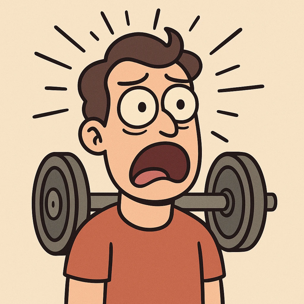 cartoonish head with rays or explosion lines above, hidden barbell or weight plate element, face that looks stunned or in disbelief emoji