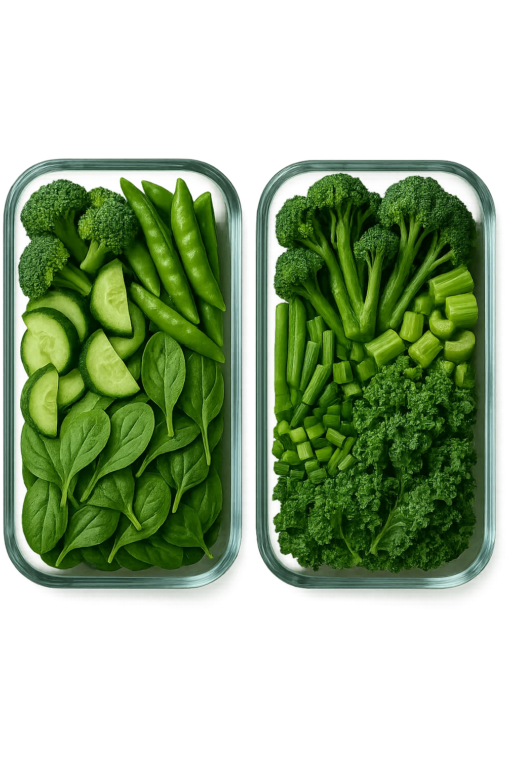 verdure tagliate e sistemate in due schiscette di vetro viste dall'alto, iperrealistico 4k emoji