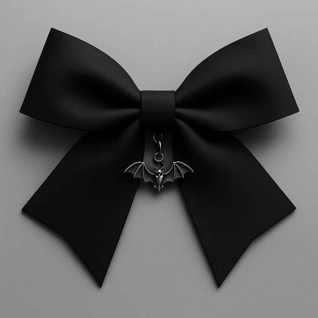 minimalist goth bow, matte black, sharp edges, small silver bat charm, modern dark aesthetic emoji