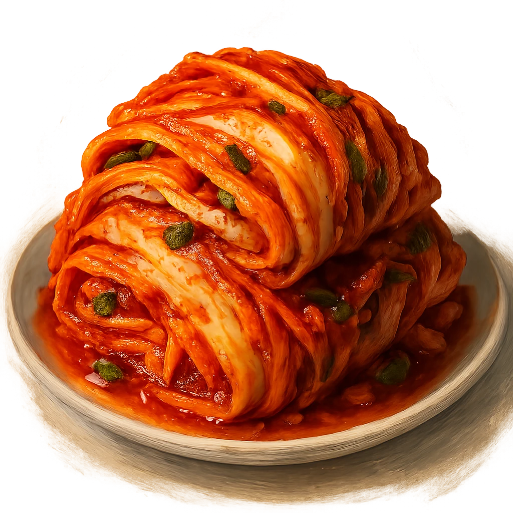 В слега рисованном, но при этом ярком и объемном стиле сгенерируй картинку сочного корейского кимчи, профессионально выставленный свет, который подчеркивает объем, прозрачный фон emoji