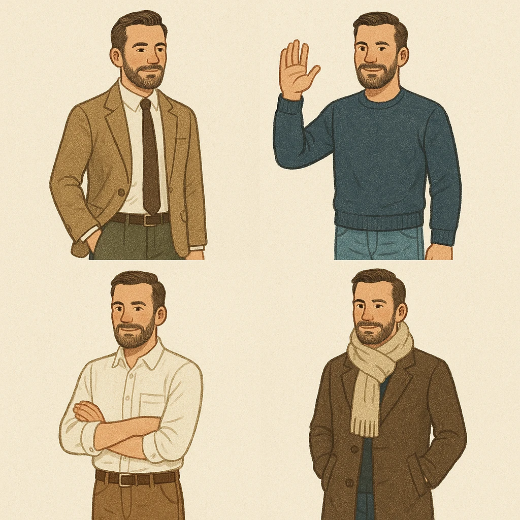 Create images of a man in different outfits and poses in the same style as the reference image. Maintain the style characteristics and details of the original man. emoji