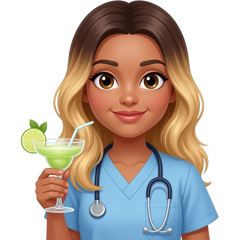 White girl with olive skin brown eyes ombré bronde hair wearing scrubs and holding a margarita emoji