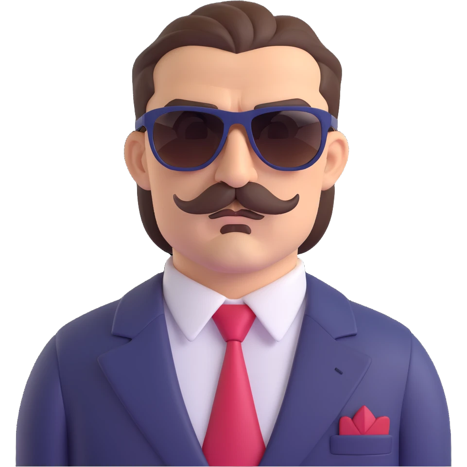 mafia boss with slicked-back brown hair, thick mustache, sunglasses, exuding authority and coolness emoji