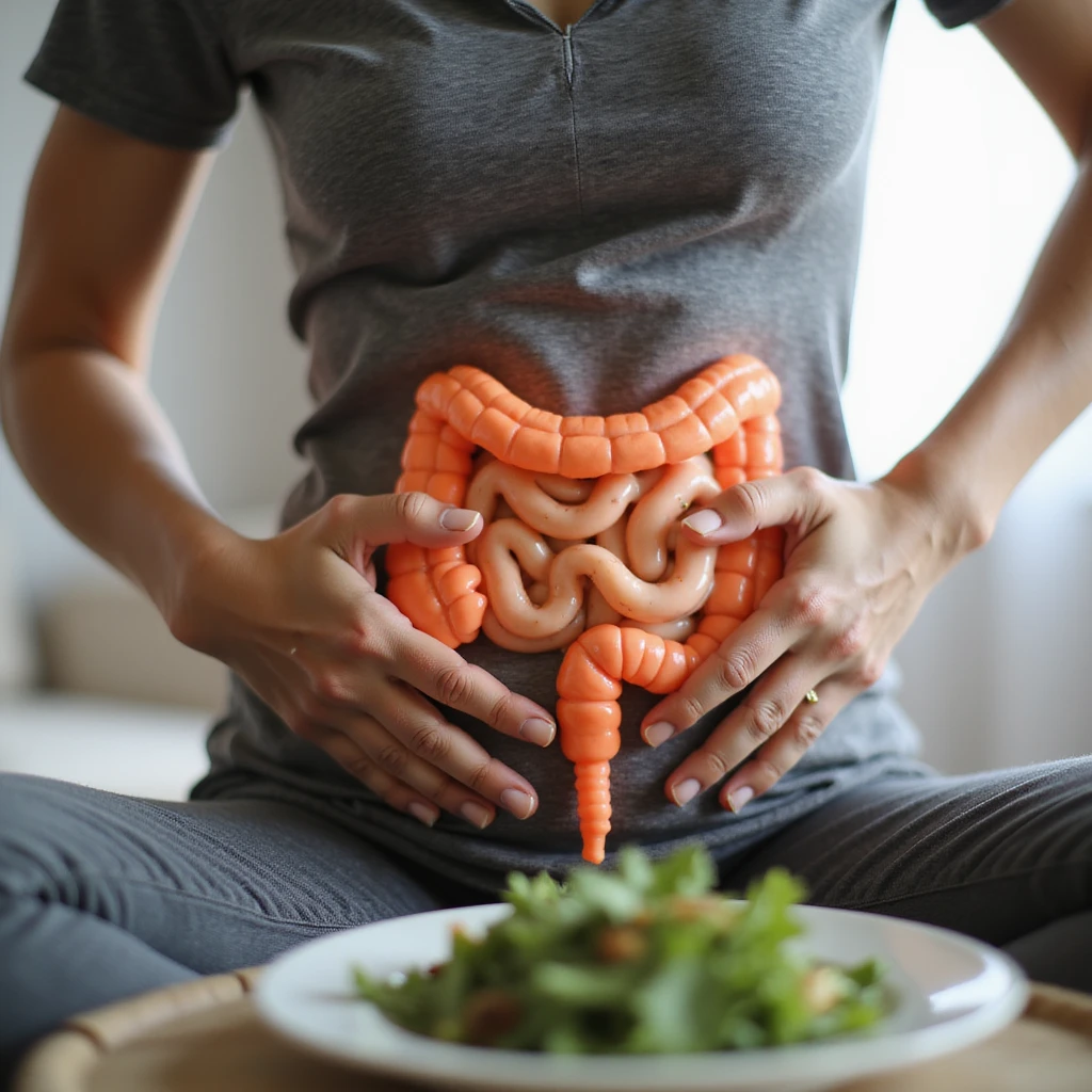 adult woman, photorealistic, on a diet to fix intestine, sitting with curved posture, hands pressing abdomen, intestine highlighted, healthy food plate in front, natural light, home background emoji