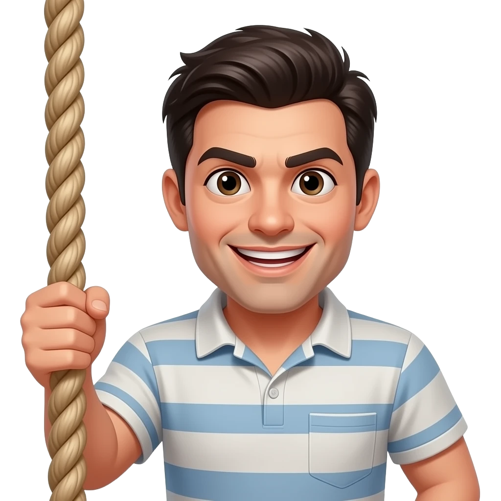 Dark haired man with mischievous face holding thick rope emoji
