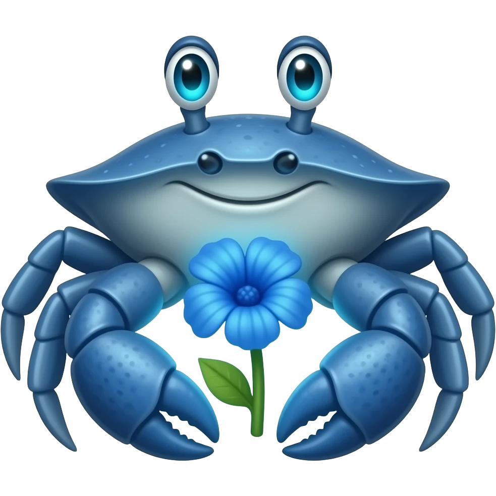 A blue crab with one blue flower with glowing blue eyes facing forward emoji